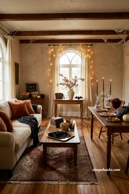 Halloween house party decor with cozy lighting snacks pumpkins and festive living room ideas