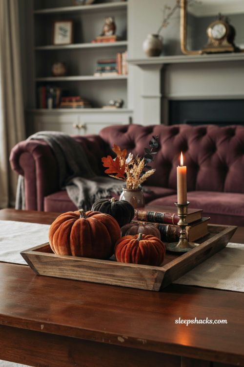 Halloween living room coffee table with velvet pumpkins in deep orange black and muted plum 