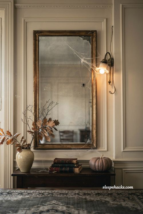 Halloween living room mirror with delicate cobwebs, vintage wall sconce, antique decor, and subtle haunted house styling 