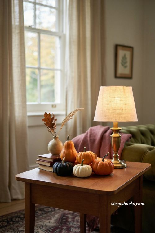 Halloween living room side table with mini orange black and white pumpkins, lamp, books, and cozy autumn decor 