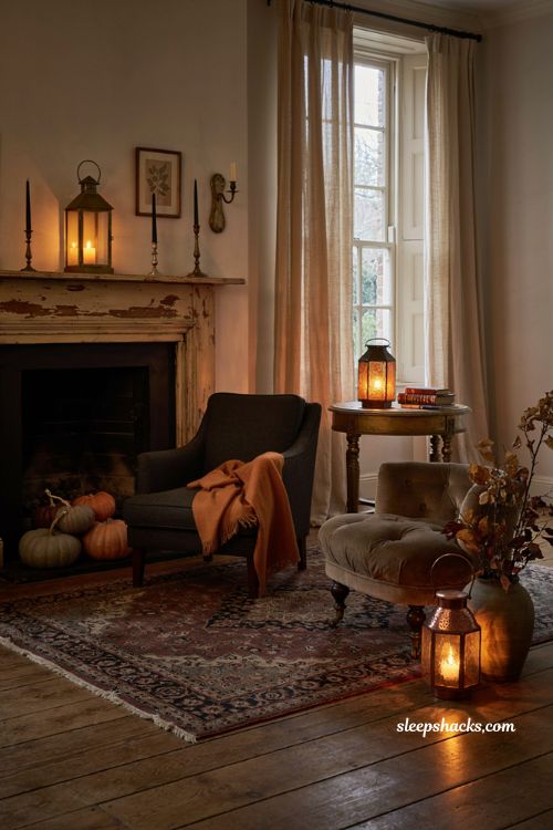 Halloween living room with amber lanterns, cozy autumn decor, warm candlelight, and elegant gothic accents 