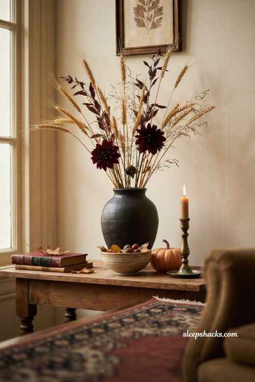Halloween living room with black ceramic vase, dried wheat, dark botanicals, and cozy autumn decor