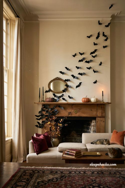 Halloween living room with black paper bats flying up a cream fireplace wall above a cozy sofa 