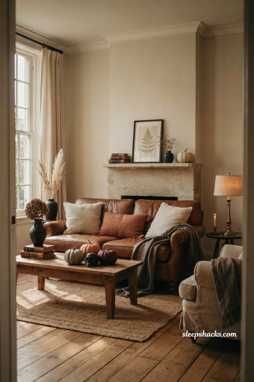 Halloween living room with black vases, neutral pillows, dried flowers, pumpkins, and cozy transitional fall decor 