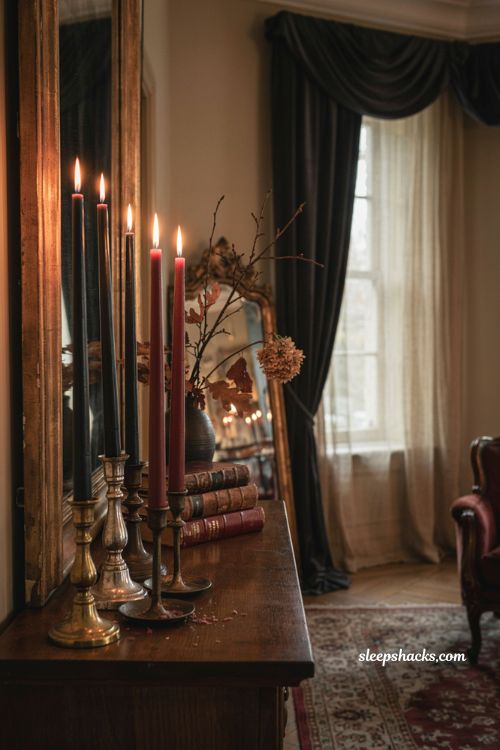Halloween living room with dripping black taper candles in mismatched vintage candlesticks on an old fashioned mantel 