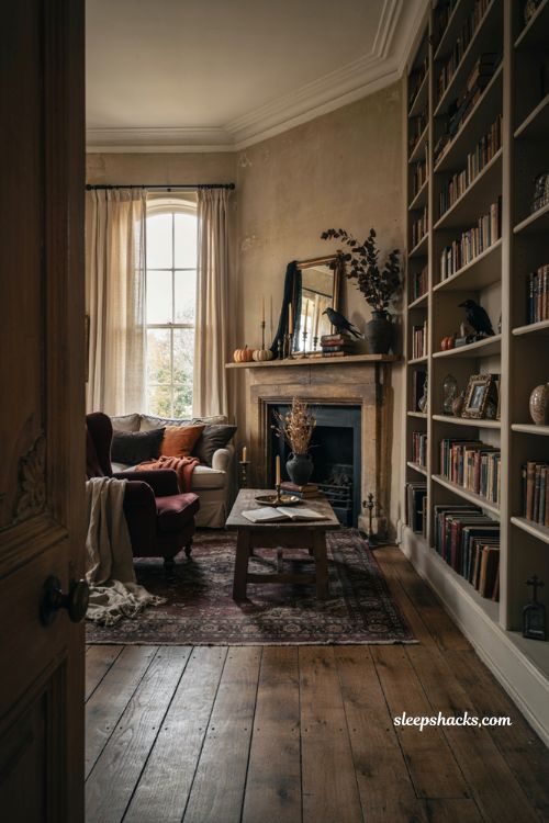 Halloween living room with elegant haunted house decor, vintage mantel, pumpkins, candles, antique accents, and cozy autumn styling