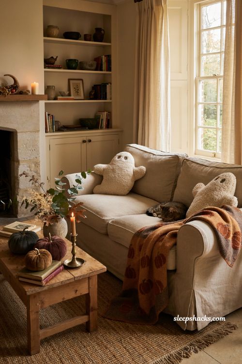 Halloween living room with ghost pillows and pumpkin throw blanket on a cozy neutral sofa 