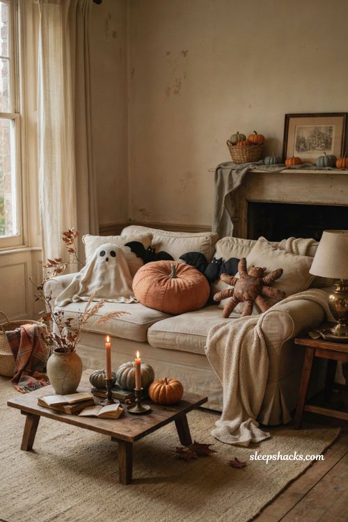 Halloween living room with ghost pumpkin bat and spider shaped pillows