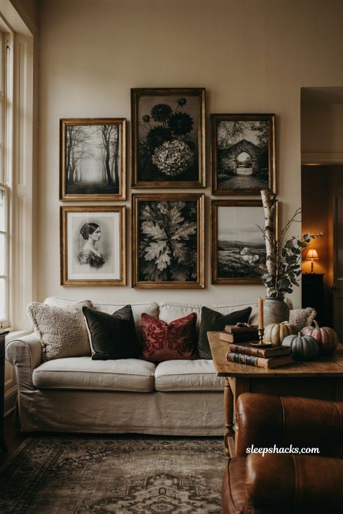 Halloween living room with moody black and white gallery wall art, vintage frames, and cozy autumn decor 