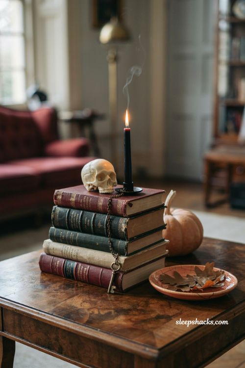 Halloween living room with stacked mystery books, small skull, candle, and cozy vintage autumn decor 