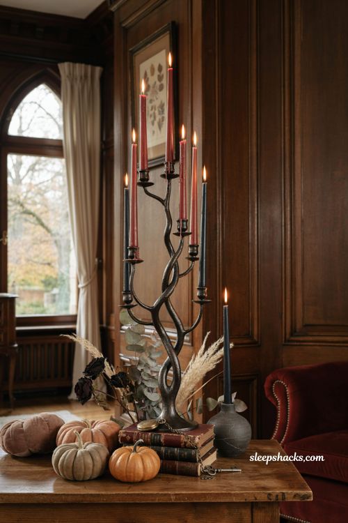Halloween living room with tall gothic candelabra, black and red candles, vintage books, pumpkins, and dark botanicals 