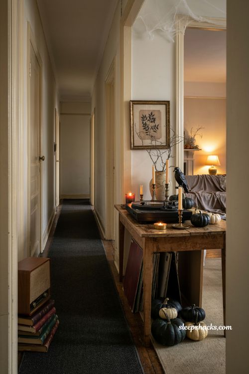 Halloween playlist sound corner with vintage speaker and cozy entryway decor