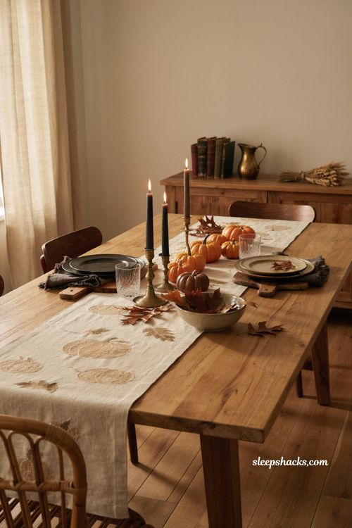 Halloween table runners with cozy farmhouse dining table decor