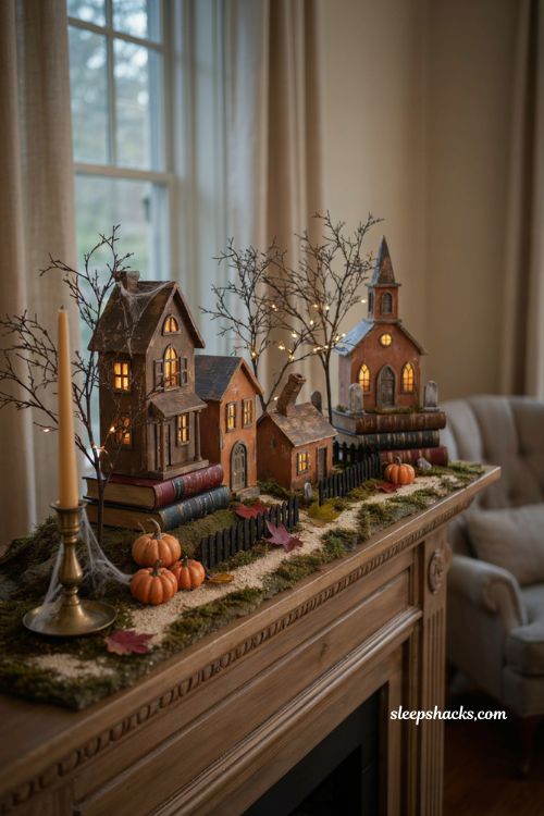 Halloween village display with glowing miniature haunted houses on a cozy mantel
