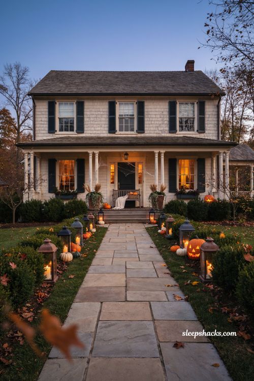 Halloween walkway decorations with glowing lanterns, pumpkins, and warm autumn front yard lighting 