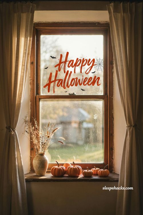 Halloween window calligraphy with orange painted lettering bats spiderweb and autumn decor