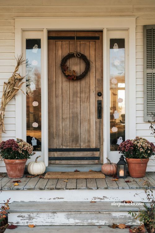 Halloween window clings on farmhouse entryway glass with pumpkins and ghosts