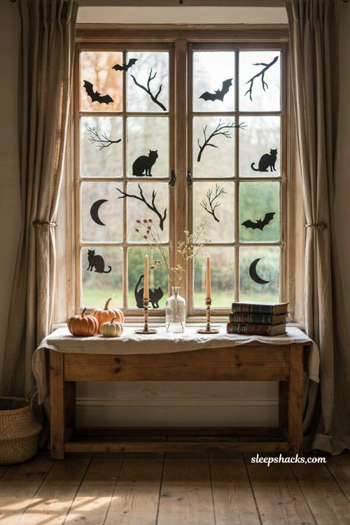 Halloween window decorations with black paper bats and cozy autumn accents