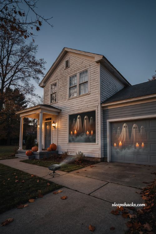 Halloween window projection effects with glowing ghosts candles fog and cozy front yard decor