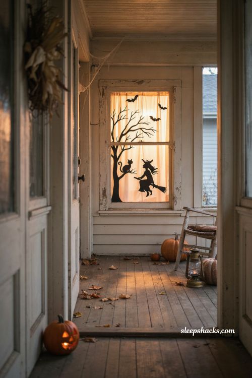 Halloween window silhouette with spooky shadows on a cozy front porch 