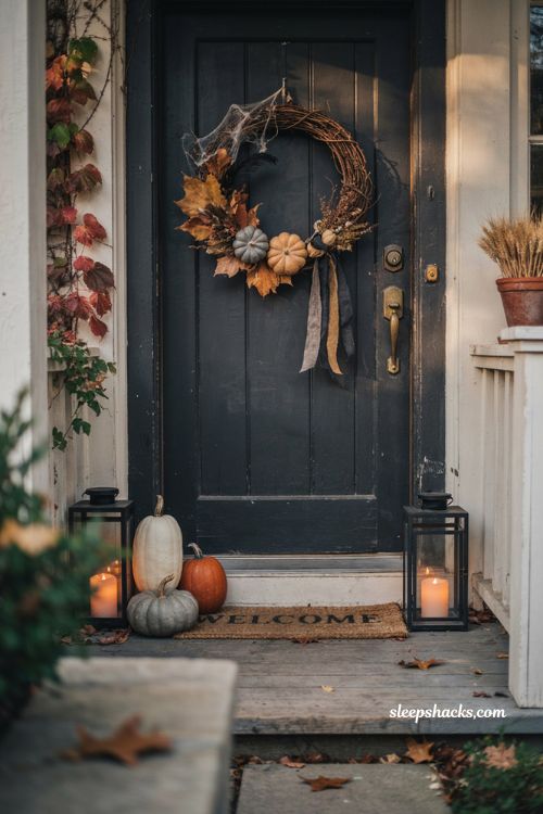 Halloween wreath ideas with handmade grapevine front door decor