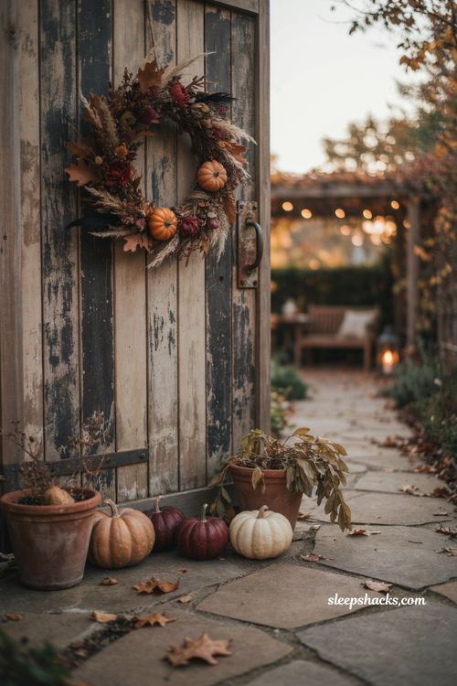 Halloween wreath on patio gate with dried flowers and pumpkins