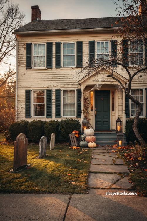 Halloween yard decorations with cozy haunted graveyard pumpkins lanterns and autumn porch decor