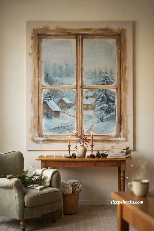 Hand painted Christmas window scene with snowy village and frosted glass effect