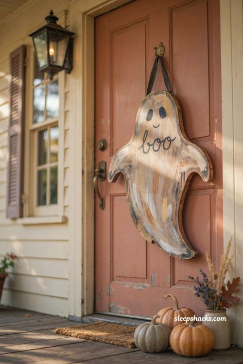 Hand painted ghost Halloween door hanger with rustic front door and cozy autumn decor