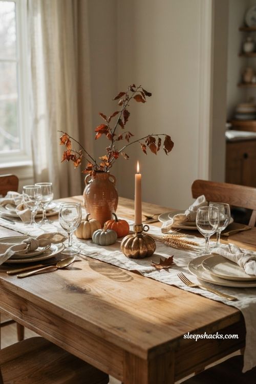 Handcrafted pumpkin candle holder with warm golden fall dining table decor