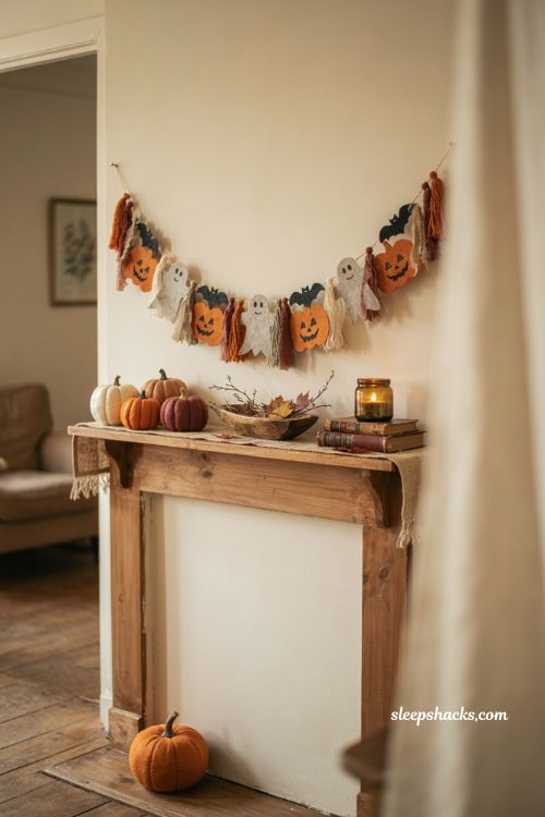 Handmade Halloween garland DIY with felt pumpkins yarn ribbon and cozy vintage decor