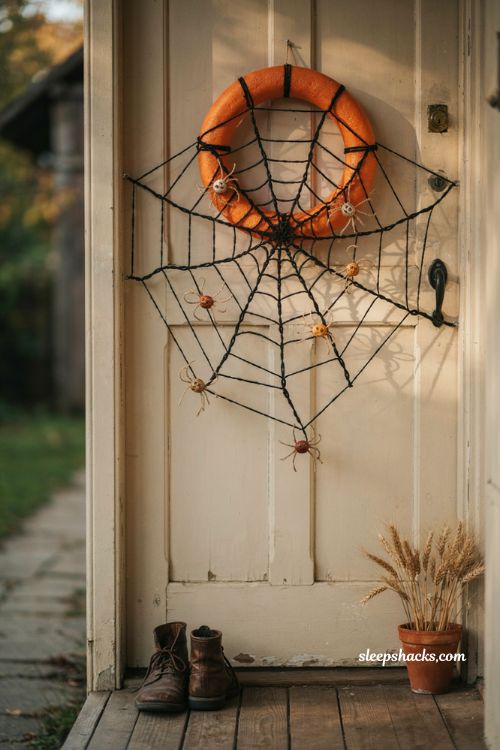 Handmade spiderweb wreath orange black twine Halloween front door decor