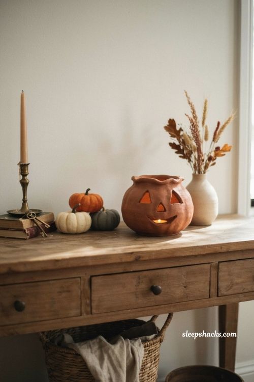 Handmade terracotta jack o lantern Halloween decor with warm glowing fall styling