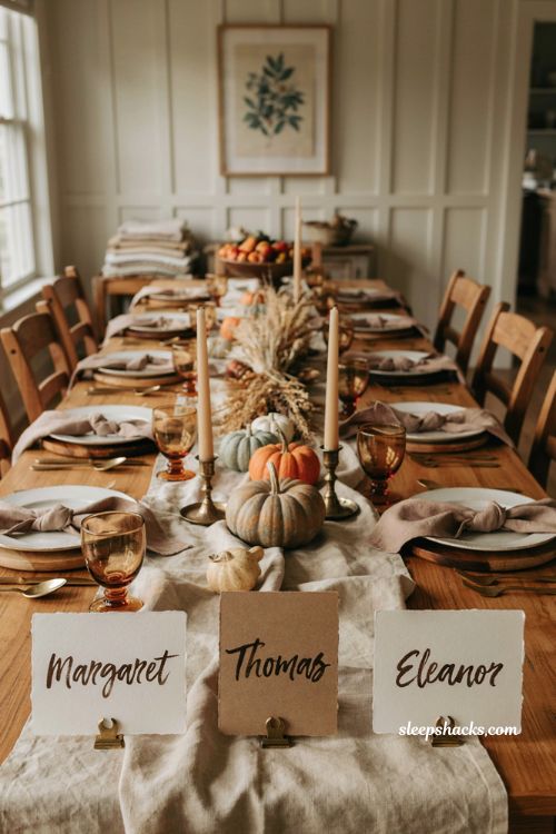 Handwritten calligraphy place cards for an elegant Thanksgiving table setting