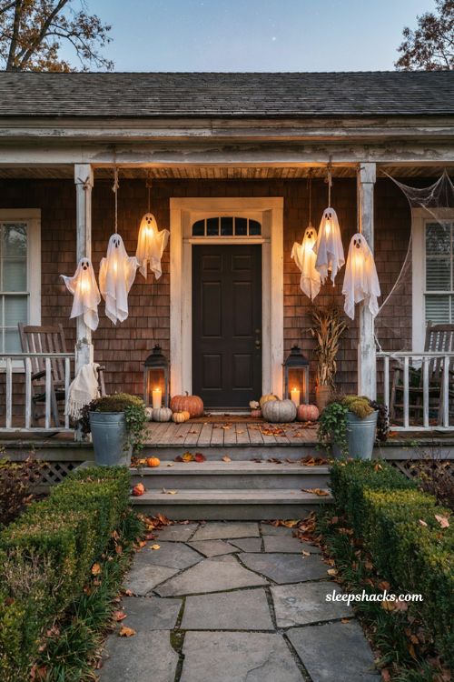 Hanging Halloween swing ghosts with glowing lights and cozy porch entryway decorations