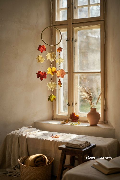Hanging fall leaf suncatcher with preserved autumn leaves