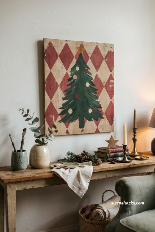 Harlequin Christmas tree painting on wood with rustic farmhouse pattern