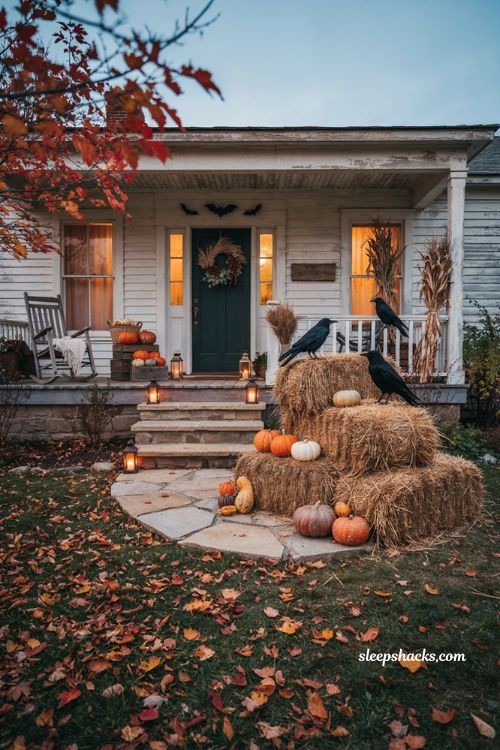 Harvest Halloween exterior decorations with hay bales, pumpkins, autumn foliage, bats, and warm lights 