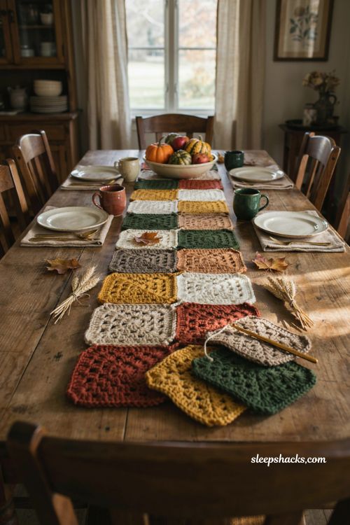 Harvest granny square crochet table runner with rust gold forest green cream squares cozy farmhouse dining table and fall decor 