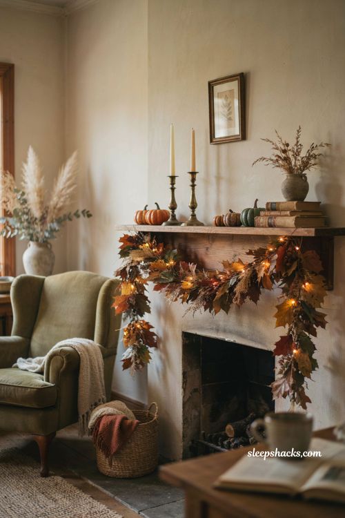 Harvest leaf and berry garland with warm lights on a cozy autumn mantel 