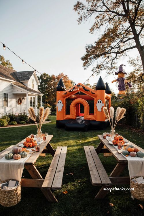 Haunted bounce house Halloween birthday party ideas kids outdoor decor