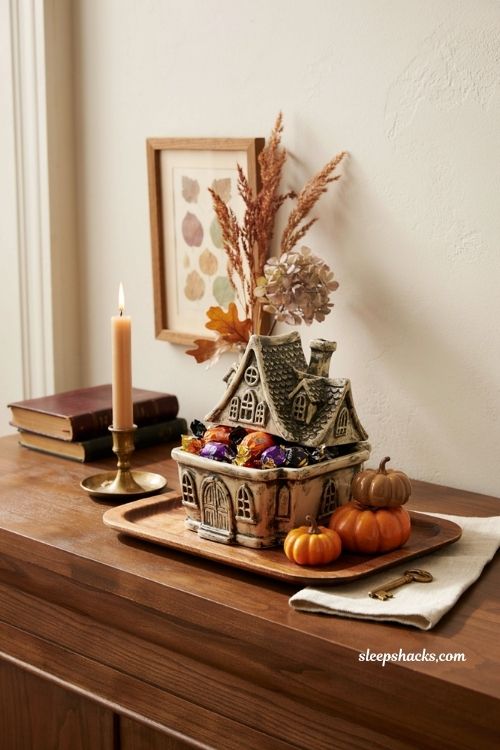 Haunted house candy bowl Halloween entryway decor with vintage stoneware styling