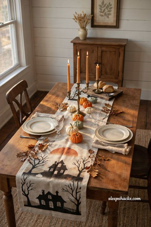 Haunted house silhouette Halloween table runner with cozy fall dining decor
