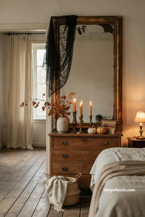 Haunted mirror Halloween bedroom with black lace and vintage candlesticks
