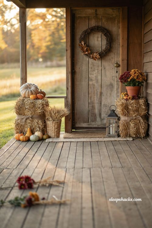 Hay bale fall entryway decor with pumpkins mums burlap and farmhouse porch accents