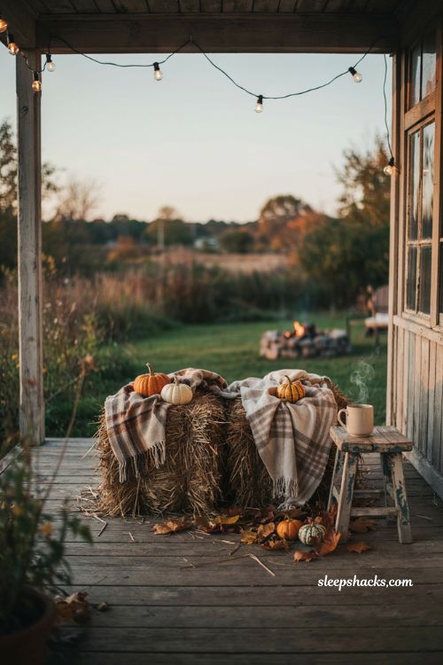 Hay bale fall seating corner with plaid blankets pumpkins burlap rustic porch decor and warm autumn string lights 