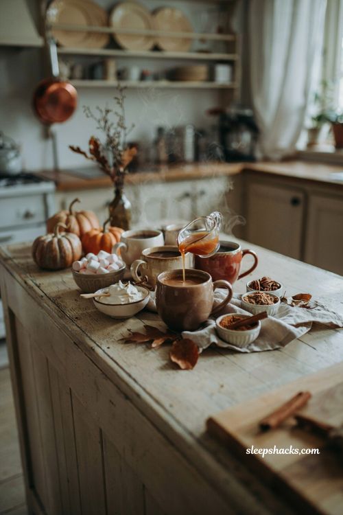 Hot chocolate bar with marshmallows caramel pecans and cozy fall toppings 