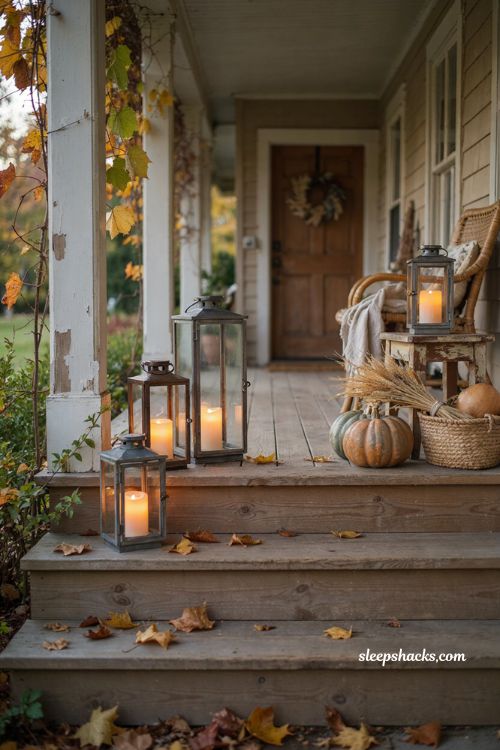 Hurricane lantern candles on a cozy fall porch with autumn decor