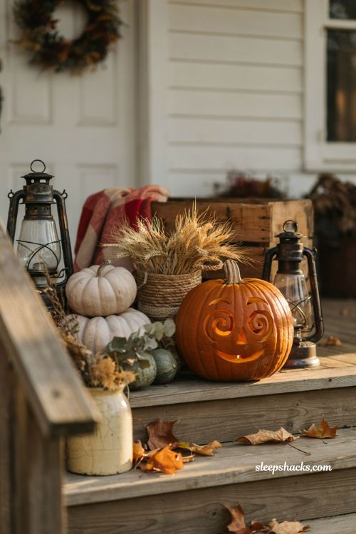 Hypnotized swirl eyes pumpkin carving idea for a glowing Halloween front porch display
