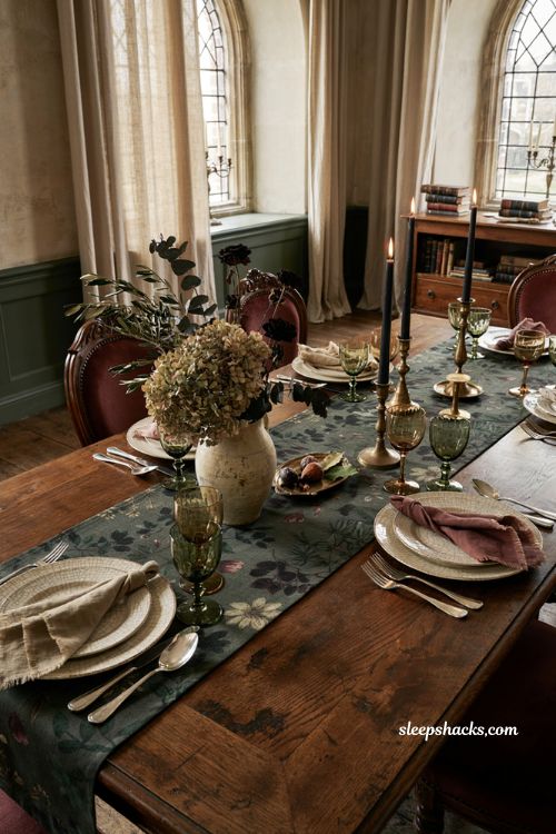 Dark academia botanical Halloween table runner with moody gothic dining decor 